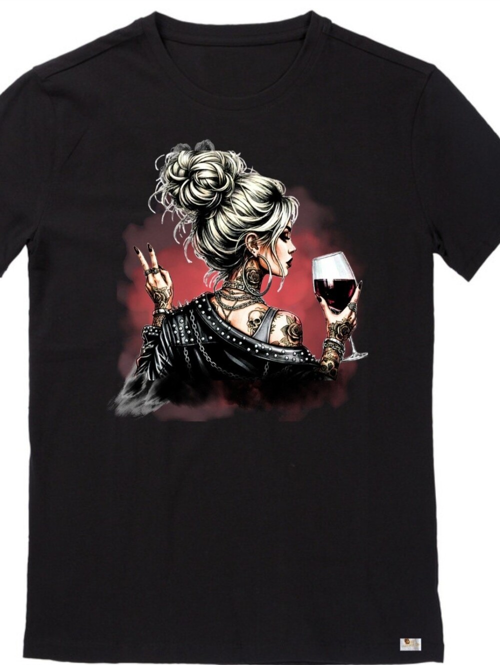 Luxury Custom Neon Biker Girl Peace Sign Wine Black Graphic Tee - L